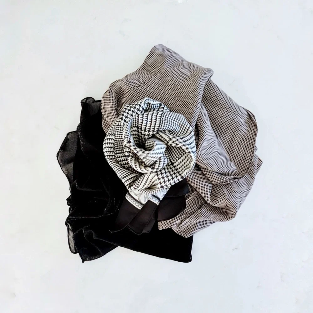 BUNDLE (3) Vintage B&W Houndstooth Pattern Assorted Wrap Scarves